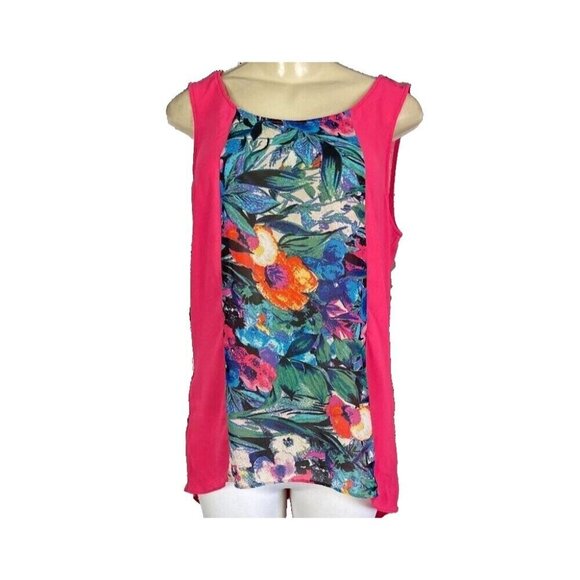 Nicole Miller L Sheer Hot Pink Floral Accent Scoop Neck Step-Hem Sleeveless Top - Picture 2 of 6